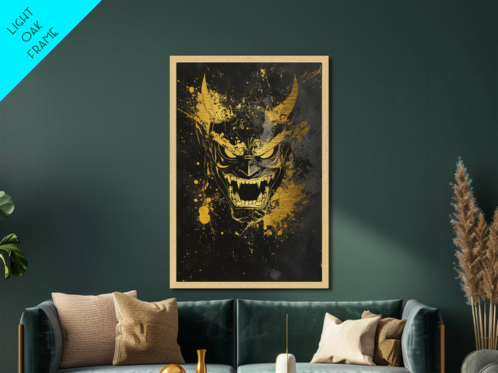 Oni Demon Mask Metallic Gold Metal Print, Japanese Inspired Splatter Artwork, Fierce Mythical Wall Decor, Real Wood Frame