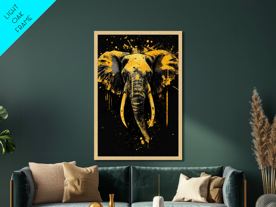 Elephant Head Metallic Gold Metal Print, Splatter Style Wildlife Artwork, Majestic Animal Wall Decor, Real Wood Frame