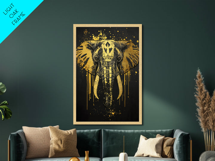 Royal Elephant Metallic Gold Metal Print, Splatter Style Tribal Artwork, Majestic Animal Wall Decor, Real Wood Frame