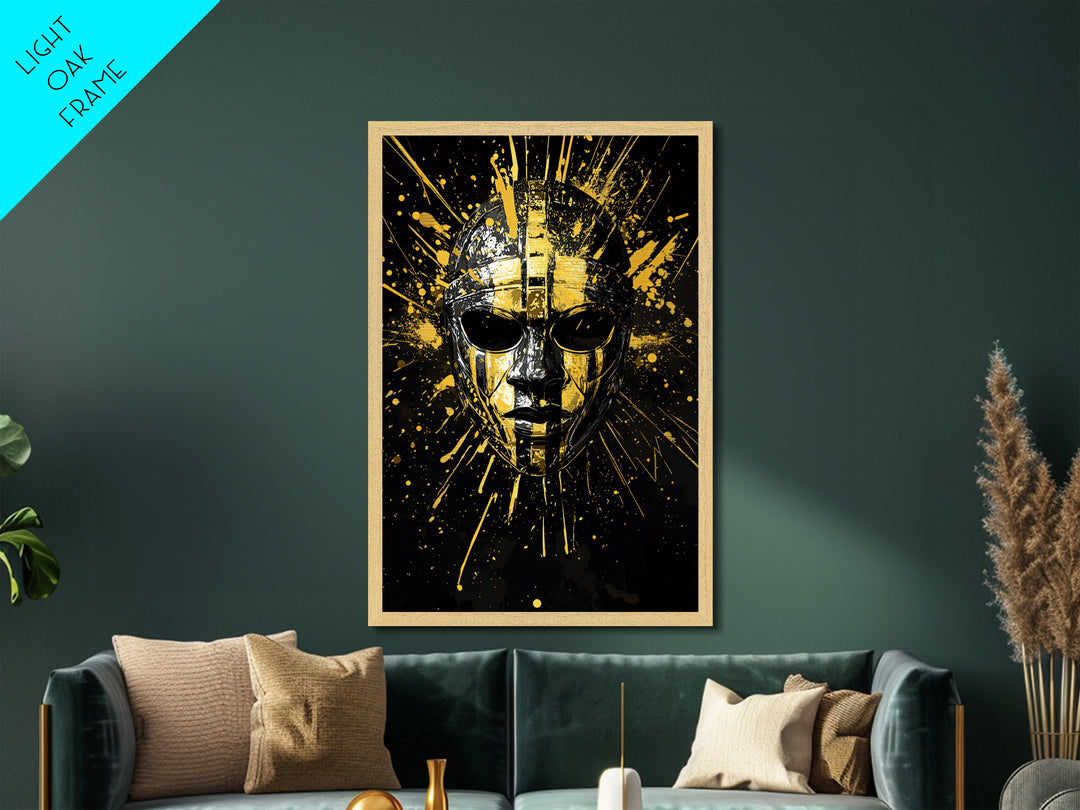 Ancient Warrior Mask Metallic Gold Metal Print, Ornate Tribal Face Artwork, Bold Splatter Style Wall Decor, Real Wood Frame