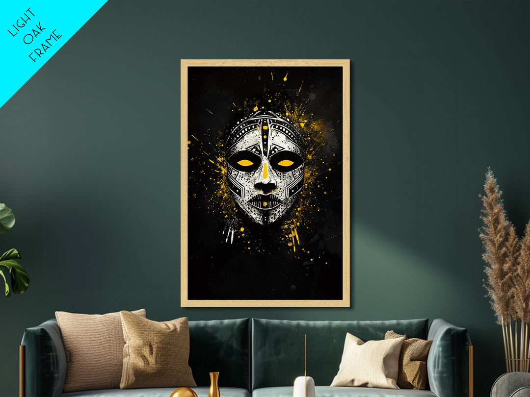 Tribal Painted Mask Metallic Gold Metal Print, Ethnic Face Artwork, Bold Splatter Ink Wall Hanging Decor, Real Wood Frame