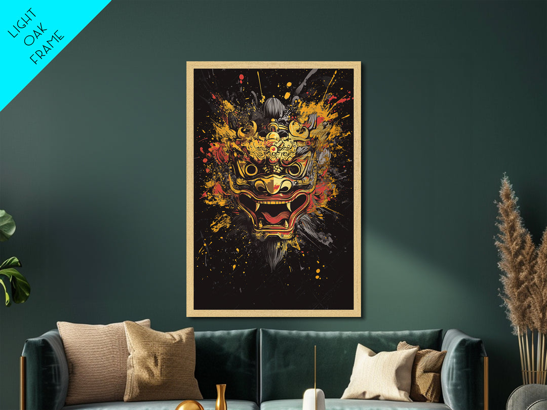 Barong Mythical Mask Metallic Gold Metal Print, Ornate Balinese Face Artwork, Cultural Splatter Wall Decor, Real Wood Frame
