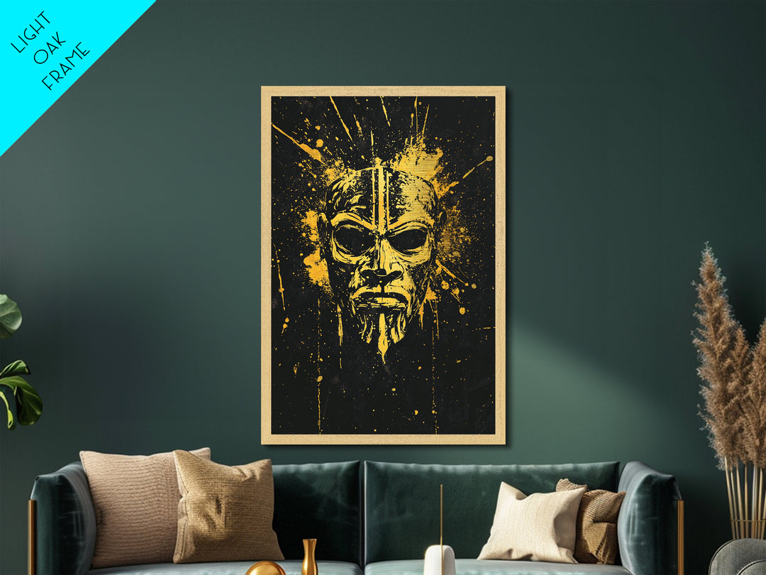 Batak Tribal Mask Metallic Gold Metal Print, Ornate Ethnic Face Artwork, Ancient Cultural Wall Hanging Decor, Real Wood Frame