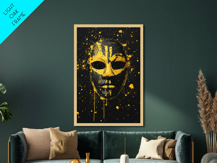 Abstract Splatter Mask Metallic Gold Metal Print, Tribal Face Wall Art, Bold Modern Mask Artwork, Real Wood Frame Home Decor