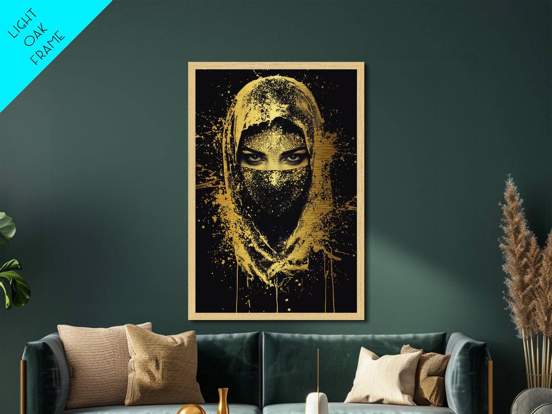 Mystical Veiled Woman Metallic Gold Metal Print, Splatter Style Portrait Art, Ethereal Female Artwork, Real Wood Frame Wall Decor
