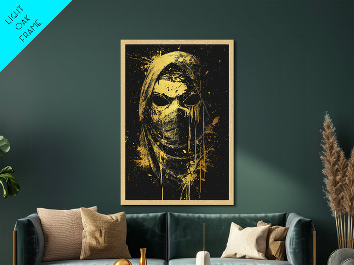 Hooded Tribal Figure Metallic Gold Metal Print, Splatter Style Mask Art, Spiritual Warrior Artwork, Real Wood Frame Bold Wall Decor