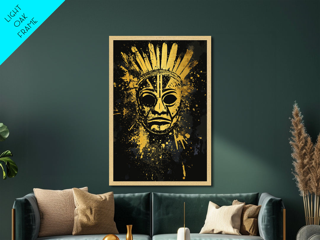 Feathered Tribal Mask Metallic Gold Metal Print, Ancestral Face Art, Splatter Style Ethnic Wall Hanging, Real Wood Frame Artwork