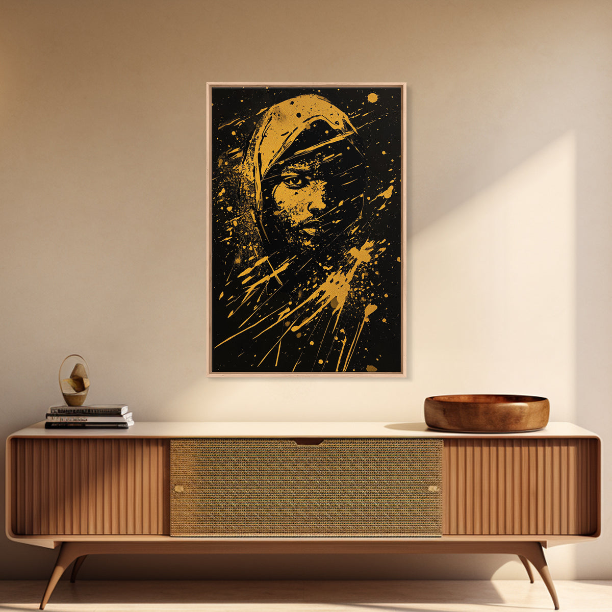 Golden Veiled Portrait Gold Canvas Print, Abstract Female Art, Splatter Style Ethereal Face Artwork, Real Wood Frame Decor