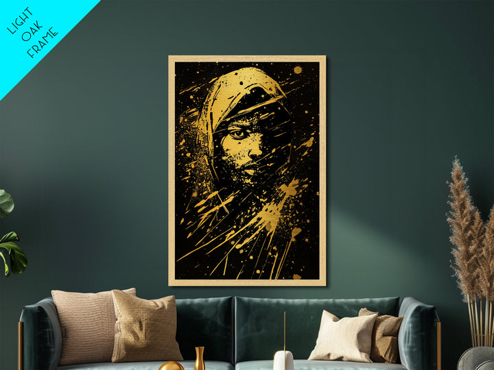 Golden Veiled Portrait Metallic Gold Metal Print, Abstract Female Art, Splatter Style Ethereal Face Artwork, Real Wood Frame Decor