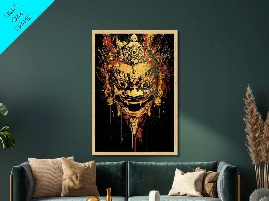 Fierce Mythic Mask Metallic Gold Metal Print, Splatter Style Tribal Face Art, Bold Ancestral Artwork, Real Wood Frame Wall Hanging
