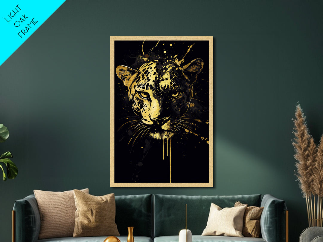 Wild Leopard Face Metallic Gold Metal Print, Bold Animal Portrait Art, Tribal Splatter Style Wall Artwork, Real Wood Frame Home Decor