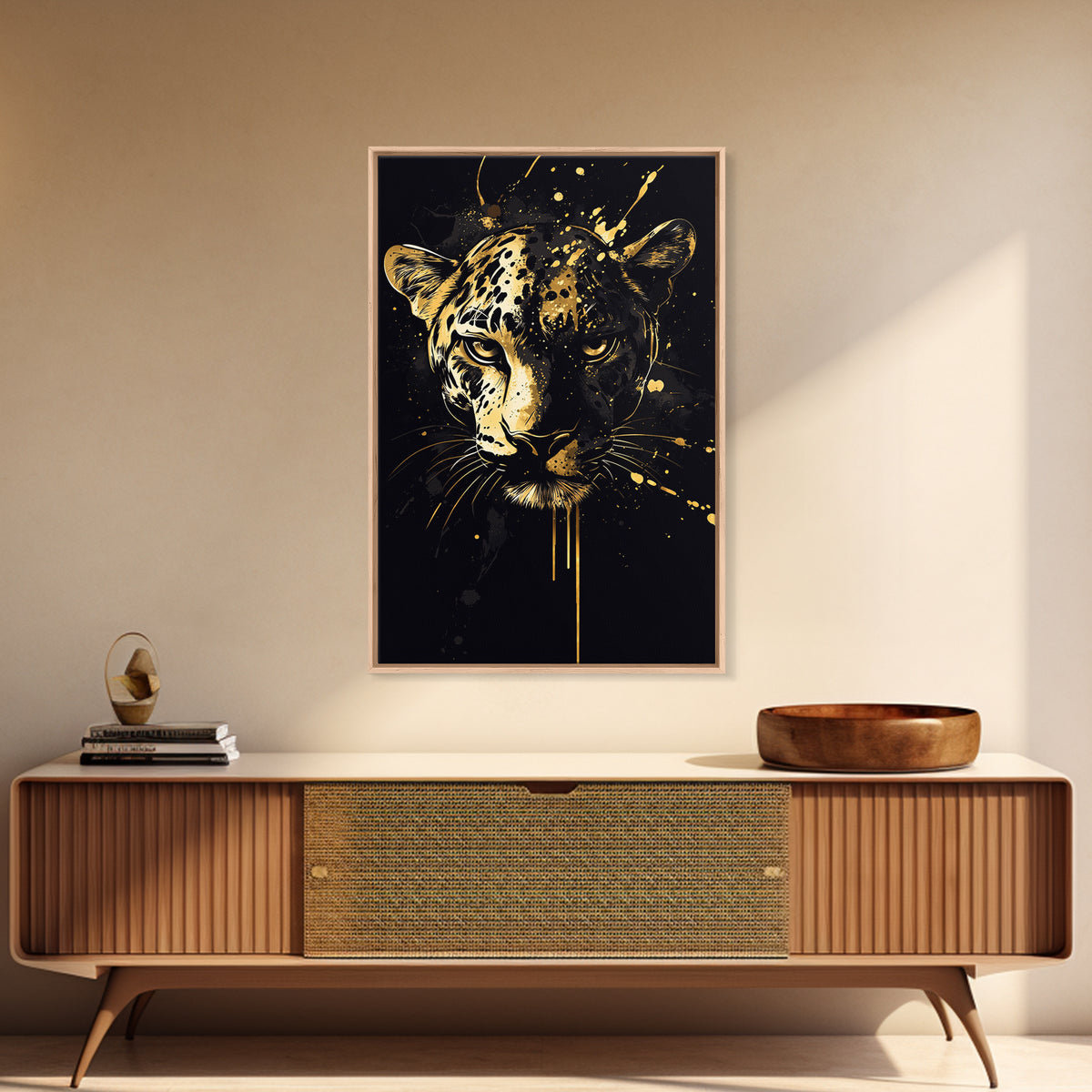 Wild Leopard Face Gold Canvas Print, Bold Animal Portrait Art, Tribal Splatter Style Wall Artwork, Real Wood Frame Home Decor