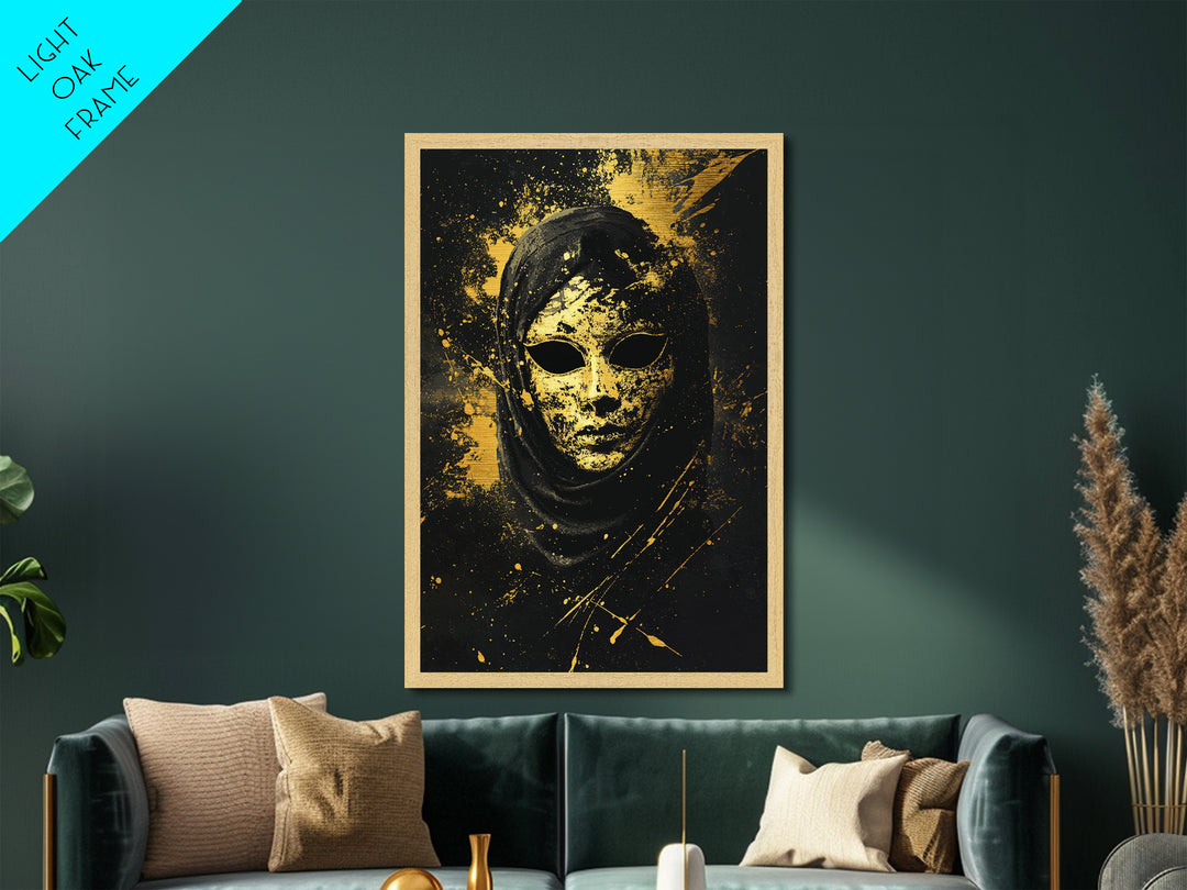 Mysterious Veiled Mask Metallic Gold Metal Print, Splatter Style Female Portrait, Abstract Ethereal Face Artwork, Real Wood Frame Decor