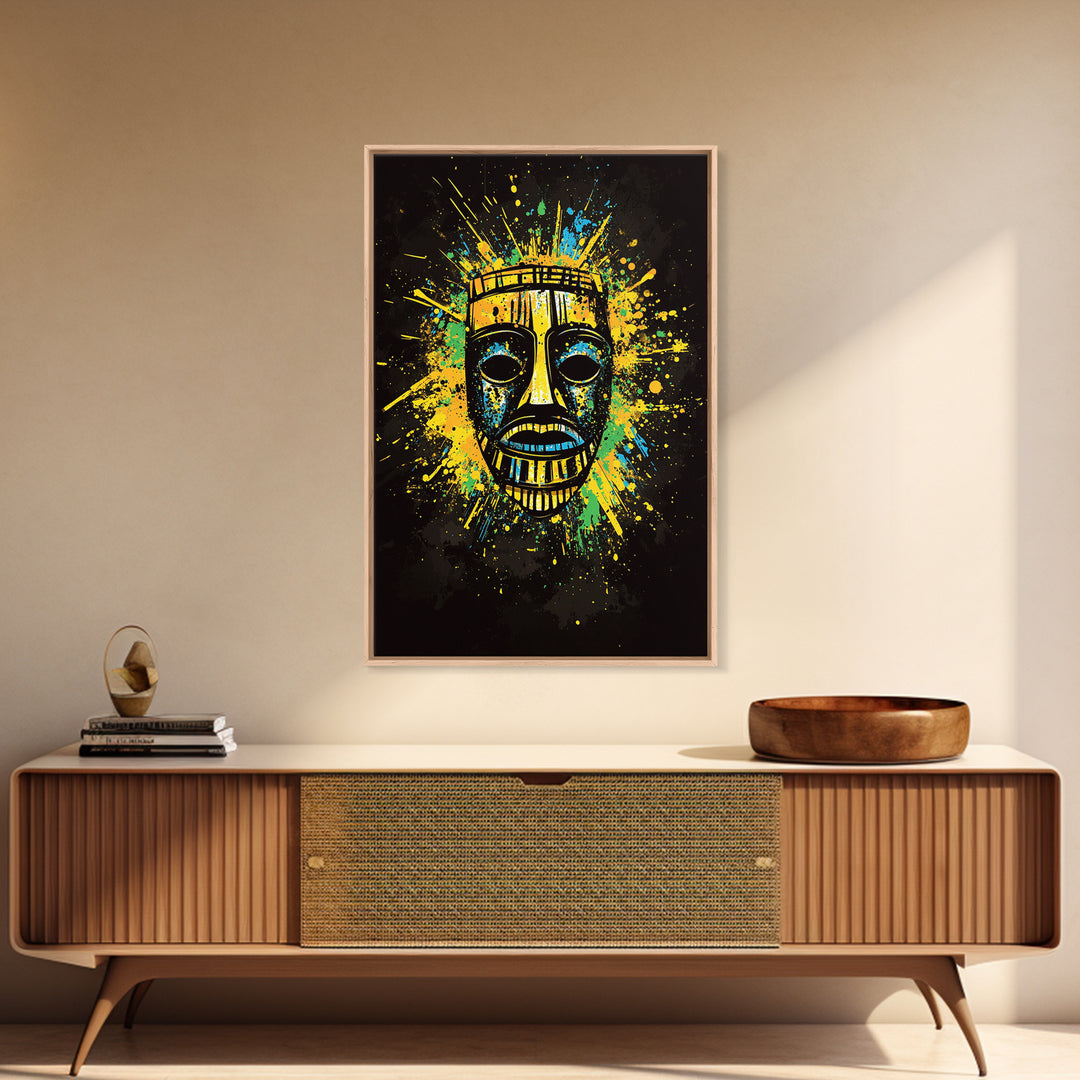 Vibrant Tribal Mask Gold Canvas Art, Ethnic Splatter Style Face Print, Colorful Abstract Wall Decor, Real Wood Frame