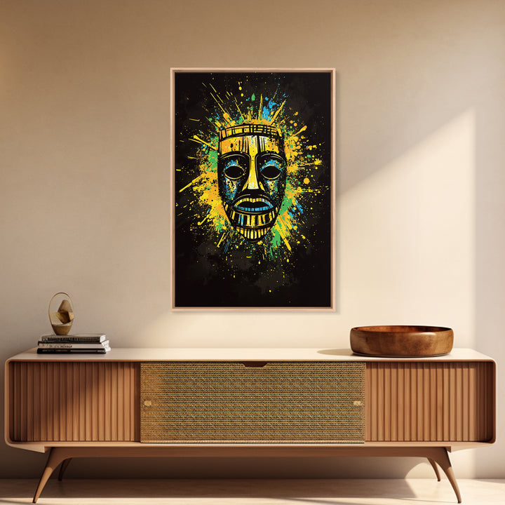 Vibrant Tribal Mask Gold Canvas Art, Ethnic Splatter Style Face Print, Colorful Abstract Wall Decor, Real Wood Frame