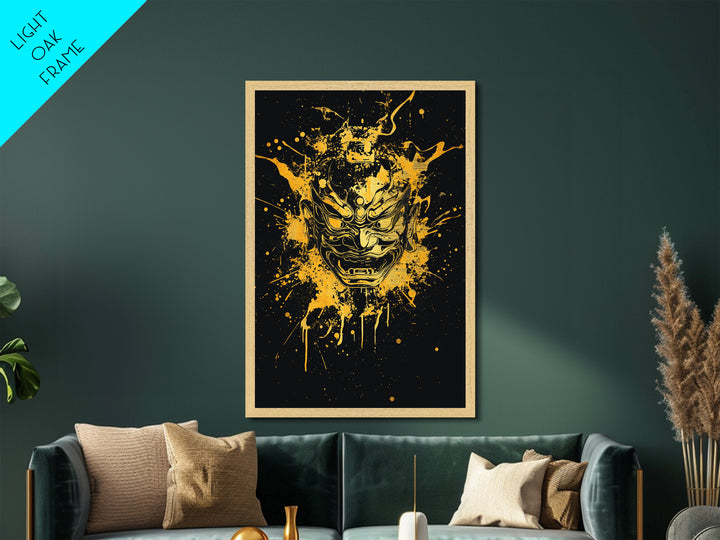 Oni Demon Mask Metallic Gold Metal Print, Japanese Mythology Inspired Art, Splatter Style Wall Decor, Real Wood Frame
