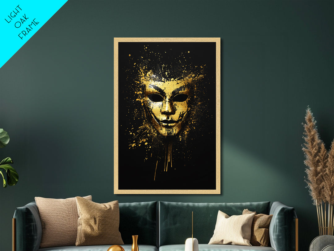 Abstract Painted Mask Metallic Gold Metal Print, Modern Face Art, Bold Splatter Style Wall Decoration, Real Wood Frame