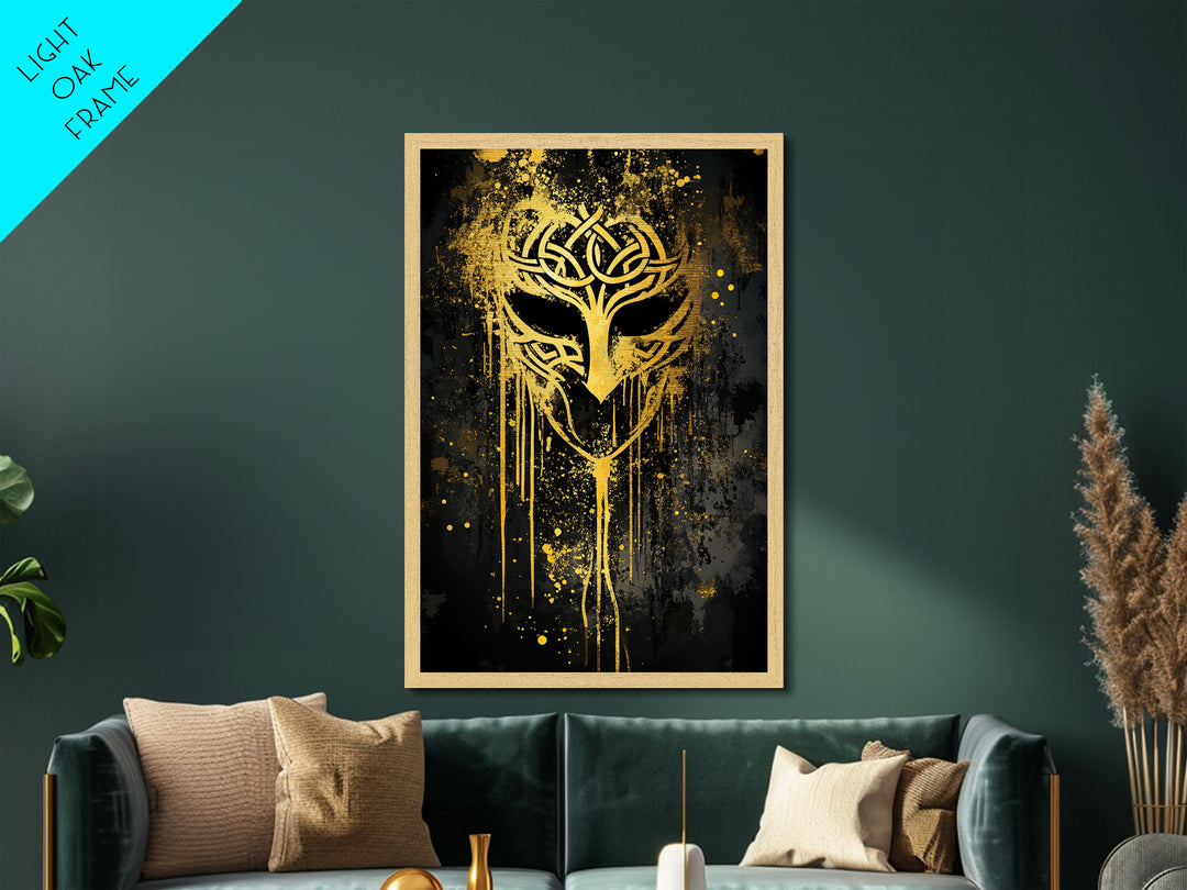 Celtic Knot Mask Metallic Gold Art, Intricate Tribal Inspired Design, Abstract Splatter Wall Decor, Real Wood Frame