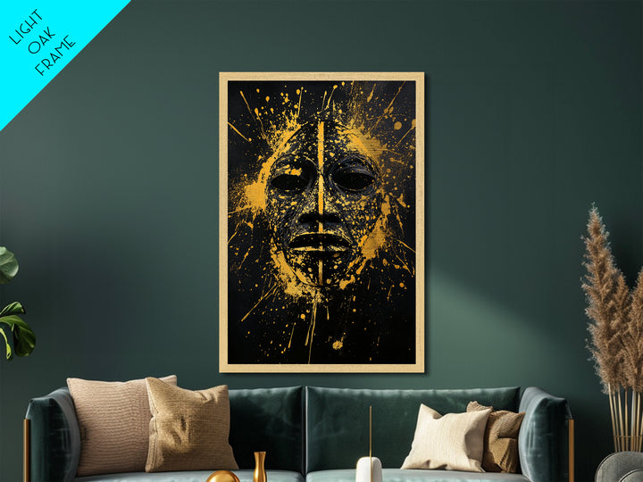 African Tribal Mask Metallic Gold Metal Print, Bold Face Art, Splatter Style Ethnic Wall Decoration, Real Wood Frame