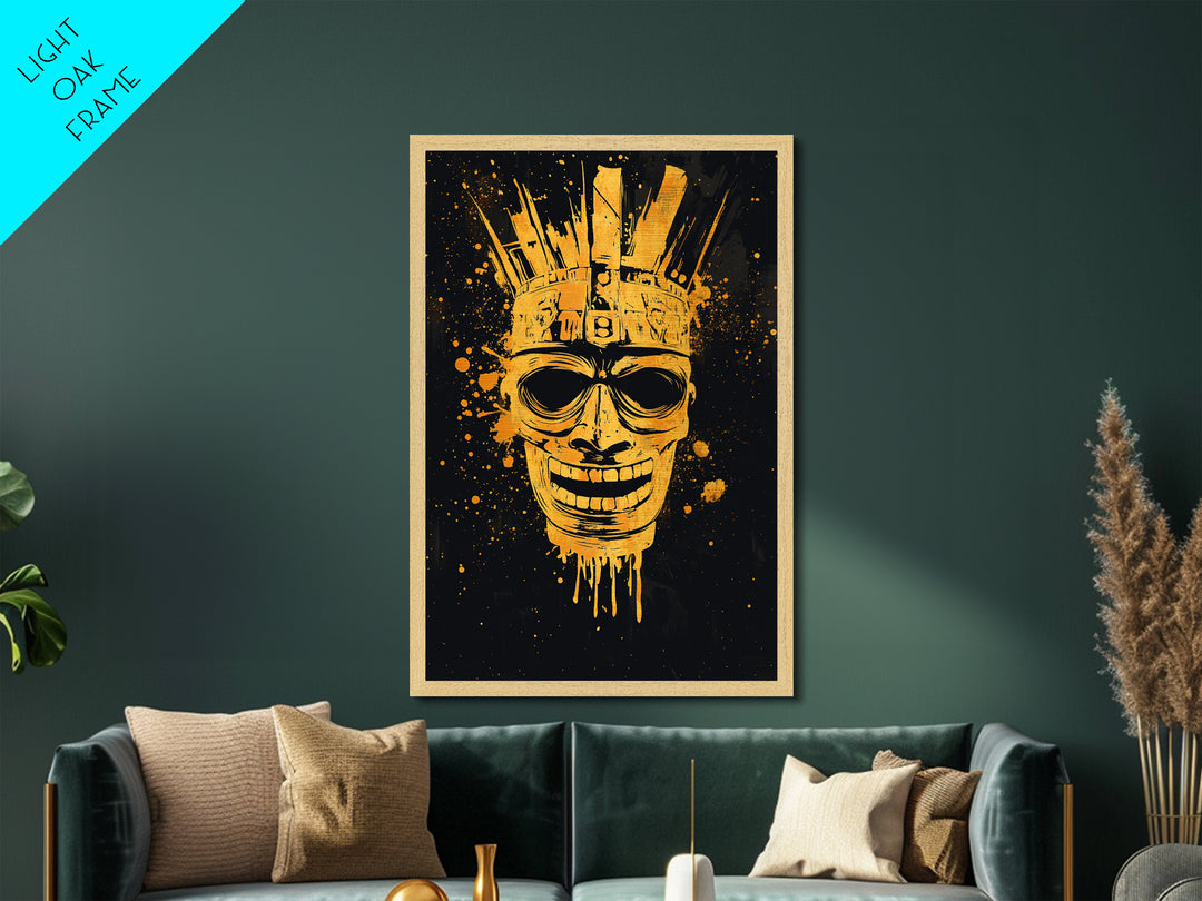Ancient Warrior Mask Metallic Gold Metal Print, Tribal Armor Inspired Face Art, Bold Splatter Wall Decor, Real Wood Frame