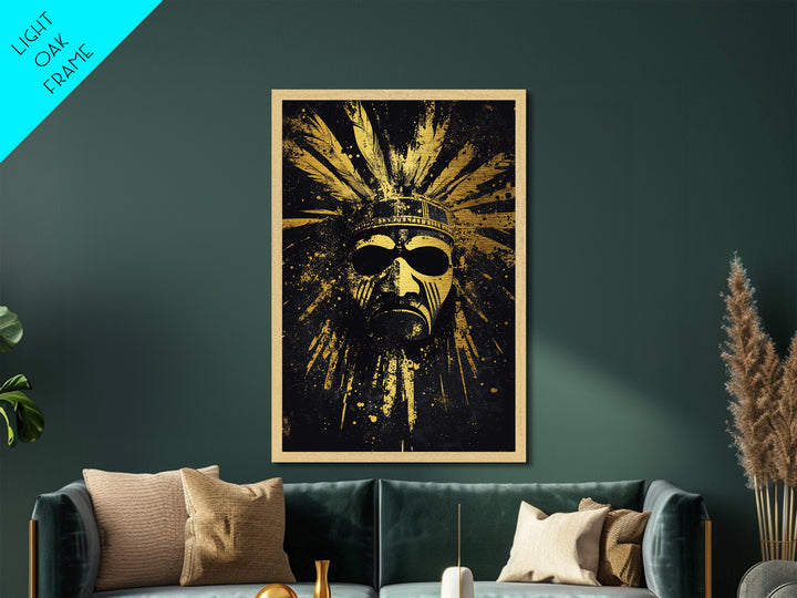 Aztec Sun Mask Metallic Gold Metal Print, Tribal Inspired Ancient Face Art, Splatter Style Wall Decor, Real Wood Frame
