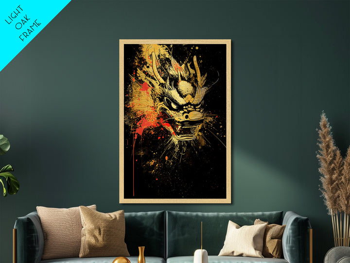 Native Headdress Mask Metallic Gold Art, Tribal Inspired Splatter Face Print, Bold Ethnic Wall Decor, Real Wood Frame