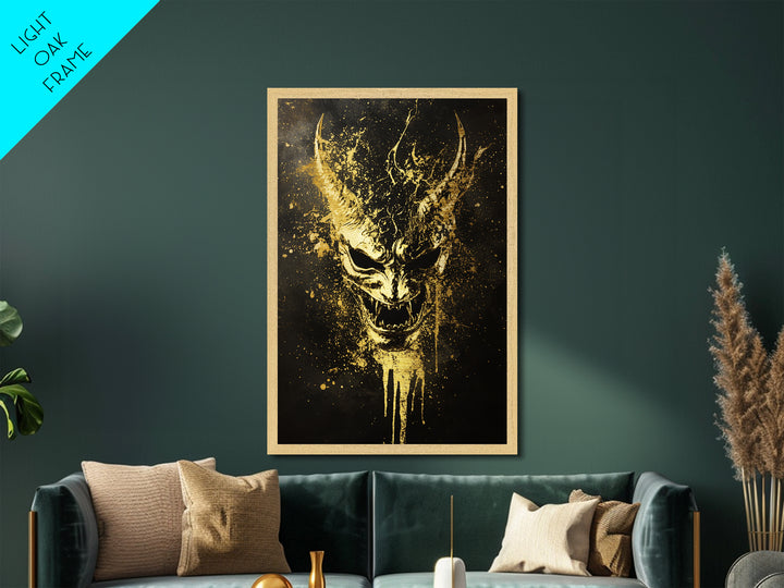 Oni Demon Mask Metallic Gold Metal Print, Japanese Mythology Wall Art, Real Wood Frame, Bold Samurai Mask Artwork
