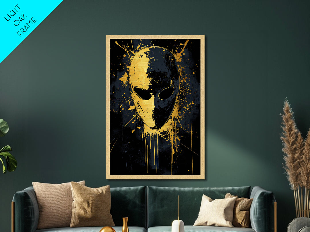 Minimalist Mask Metallic Gold Metal Print, Abstract Splatter Face Wall Art, Real Wood Frame, Contemporary Mask Decor
