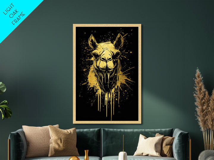 Camel Portrait Metallic Gold Metal Print, Animal Splatter Wall Art, Real Wood Frame, Modern Wildlife Artwork For Home