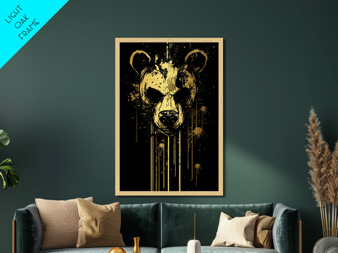 Bear Face Metallic Gold Metal Print, Animal Splatter Wall Art, Real Wood Frame, Fierce Wildlife Artwork For Modern Decor