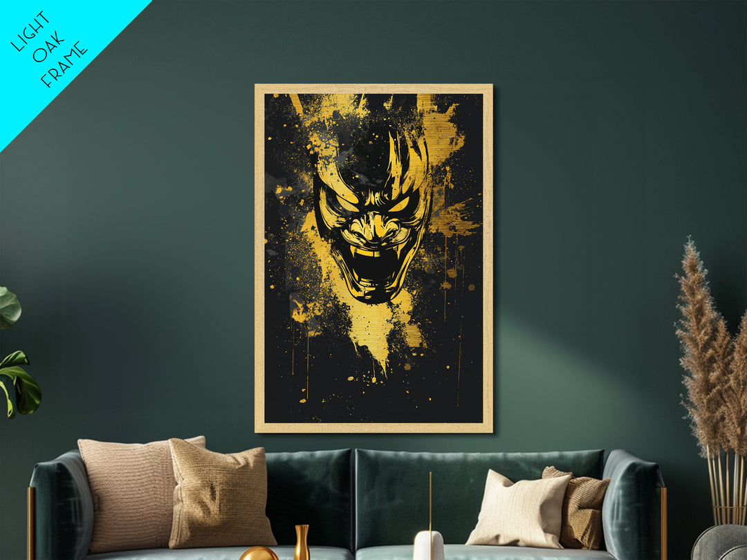 Samurai Mask Metallic Gold Metal Print, Japanese Warrior Wall Art, Real Wood Frame, Bold Splatter Mask Artwork For Home