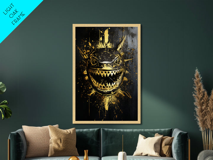 Shark Splatter Metallic Gold Metal Print, Abstract Ocean Predator Wall Art, Real Wood Frame, Bold Modern Sea Life Artwork