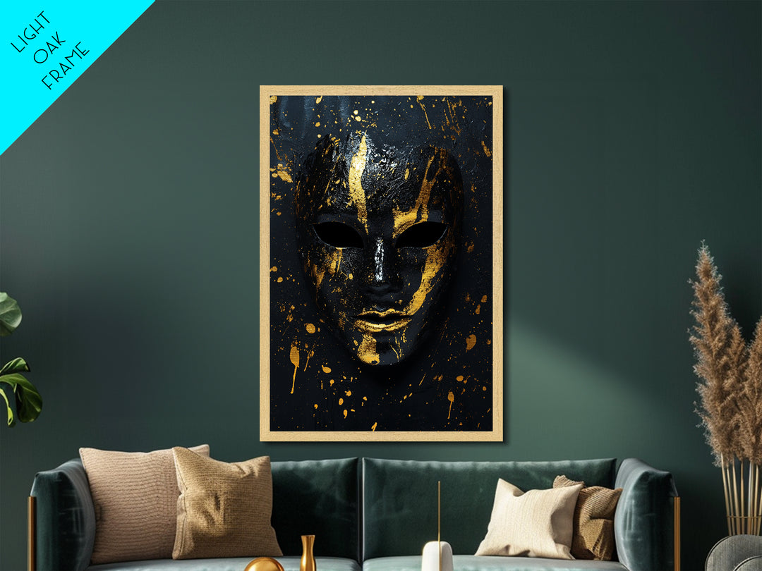 Abstract Mask Metallic Gold Metal Print, Contemporary Splatter Face Wall Art, Real Wood Frame, Modern Tribal Mask Decor