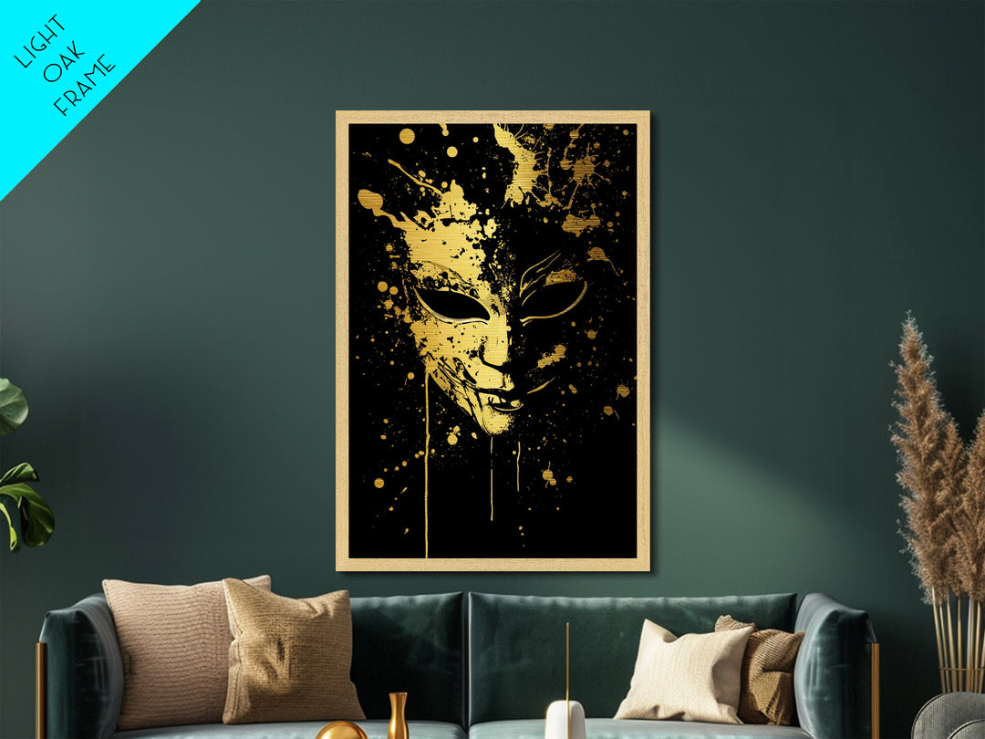 Mysterious Mask Metallic Gold Metal Print, Abstract Splatter Face Wall Art, Real Wood Frame, Dark Modern Mask Artwork
