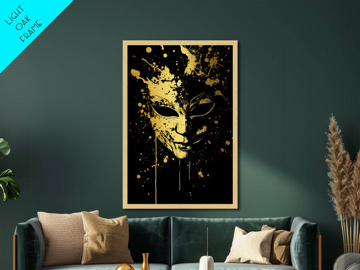 Mysterious Mask Metallic Gold Metal Print, Abstract Splatter Face Wall Art, Real Wood Frame, Dark Modern Mask Artwork
