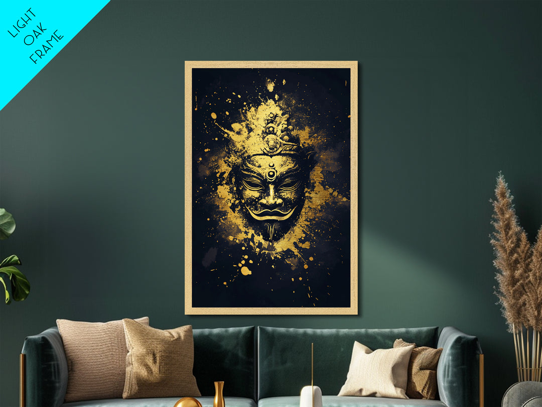 Ancient Mask Metallic Gold Metal Print, Mystical Splatter Wall Art, Real Wood Frame, Bold Spiritual Mask Artwork For Home