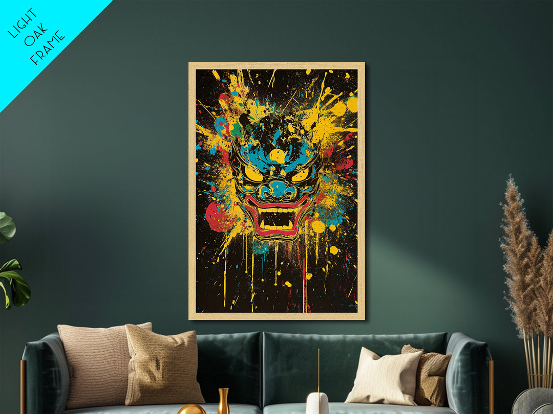 Demonic Horn Mask Metallic Gold Metal Print, Gothic Wall Art, Dark Splatter Painting, Real Wood Frame, Bold Statement Decor