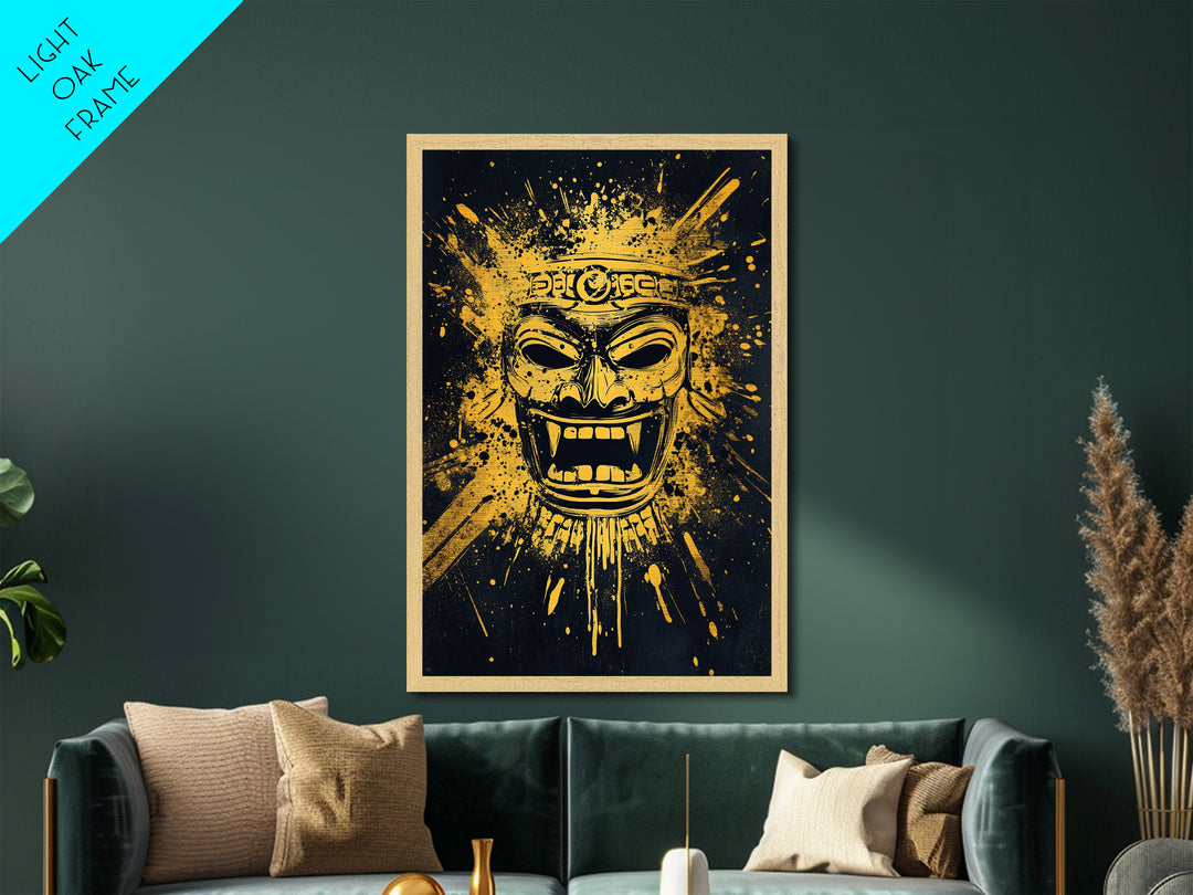 Shark Head Metallic Gold Metal Print, Splatter Ocean Art, Fierce Predator Wall Decor, Real Wood Frame, Modern Marine Artwork