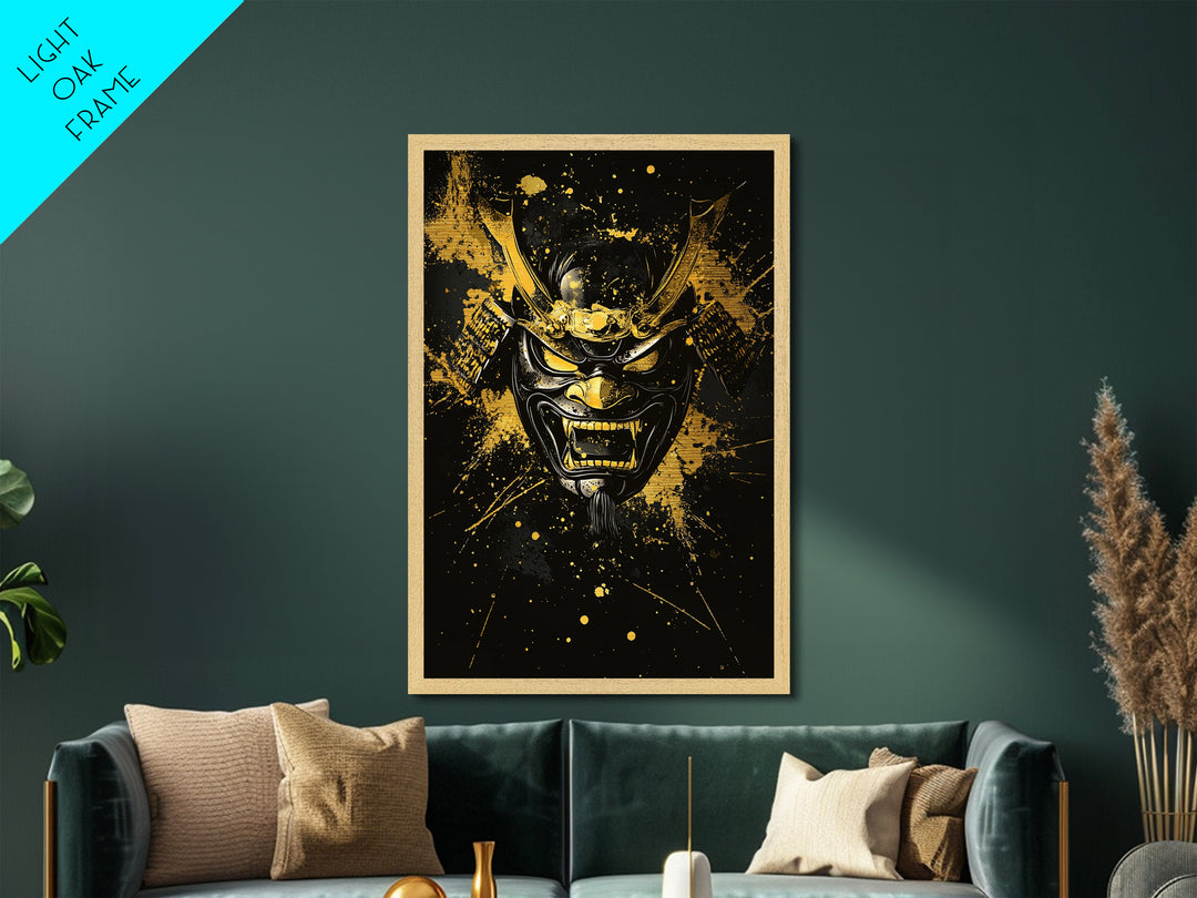 Vampire Mask Metallic Gold Metal Print, Gothic Splatter Wall Art, Horror Decor, Real Wood Frame, Dark Artistic Statement Artwork