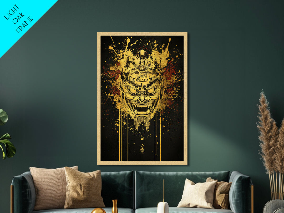 Tibetan Demon Mask Metallic Gold Metal Print, Spiritual Wall Art, Fierce Mythical Face Art, Real Wood Frame, Bold Statement Decor