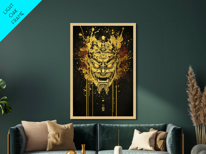 Tibetan Demon Mask Metallic Gold Metal Print, Spiritual Wall Art, Fierce Mythical Face Art, Real Wood Frame, Bold Statement Decor