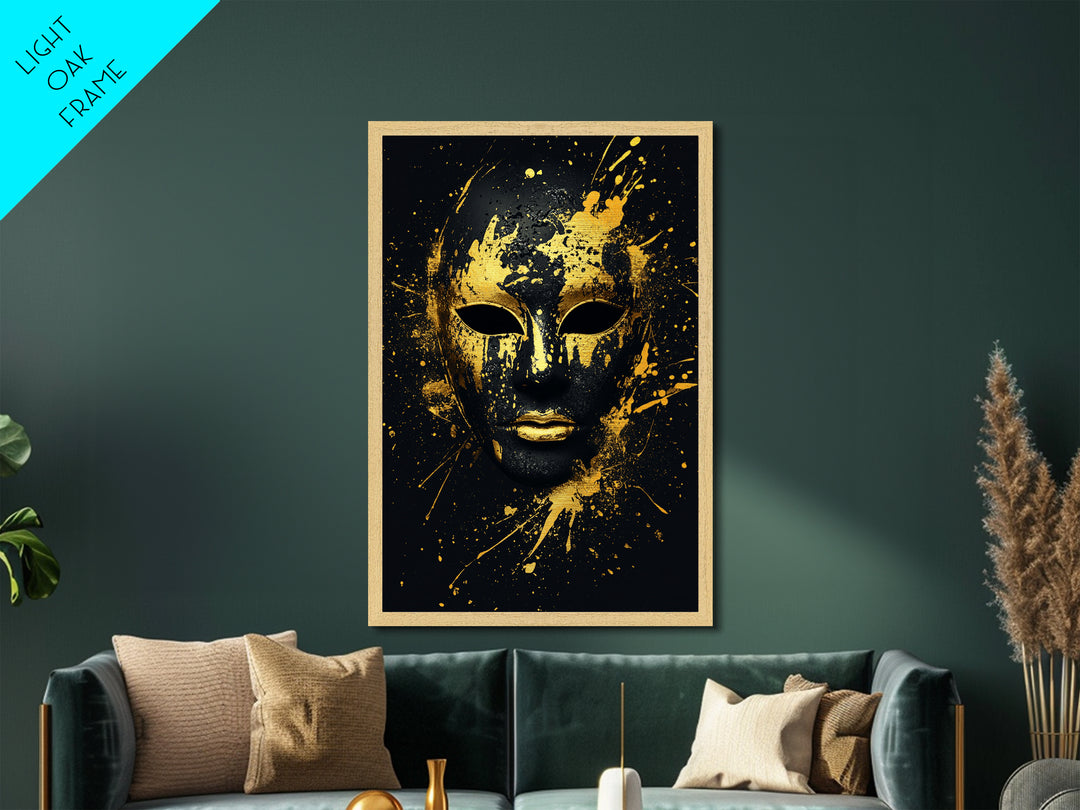 Venetian Mask Metallic Gold Metal Print, Elegant Wall Art, Luxury Mask Artwork, Real Wood Frame, Dramatic Splatter Effect Home Decor