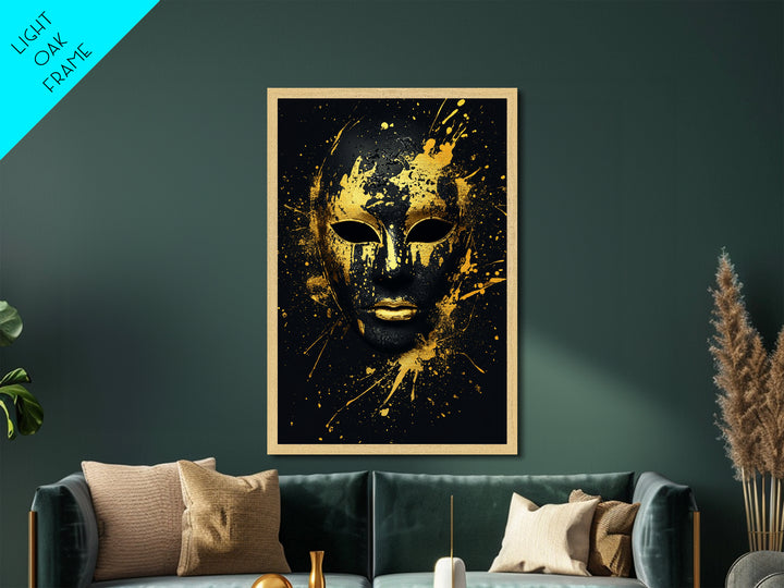 Venetian Mask Metallic Gold Metal Print, Elegant Wall Art, Luxury Mask Artwork, Real Wood Frame, Dramatic Splatter Effect Home Decor
