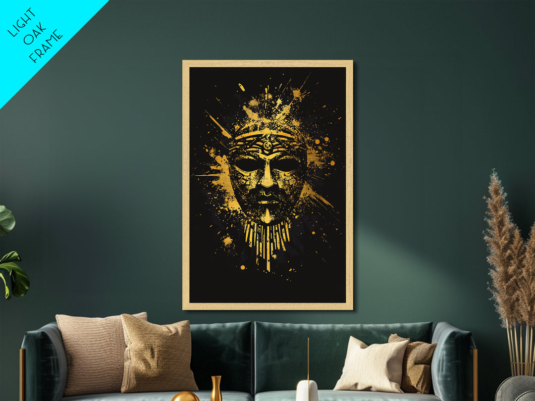 Ancient Warrior Mask Metallic Gold Metal Print, Historical Wall Art, Tribal Battle Mask Artwork, Real Wood Frame, Striking Home Accent