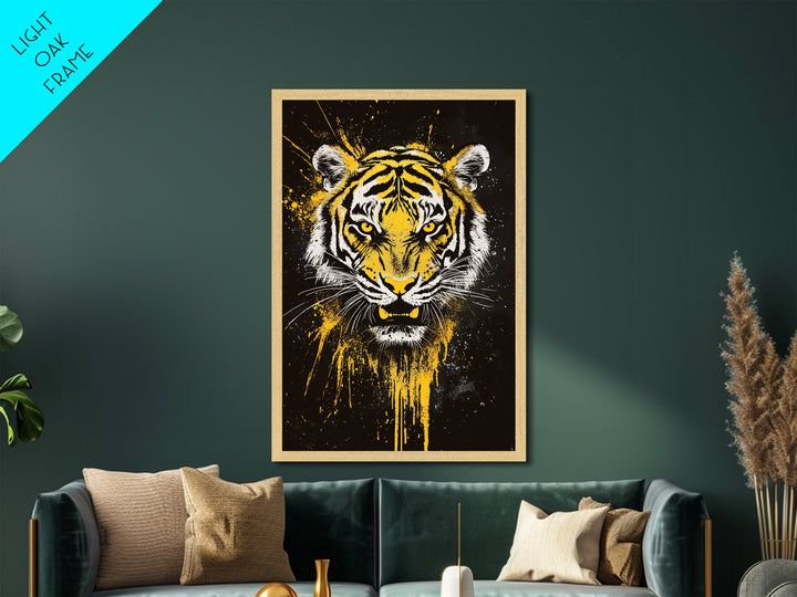 Tiger Face Metallic Gold Metal Print, Wildlife Wall Art, Jungle Animal Artwork, Real Wood Frame, Fierce Predator Home Accent