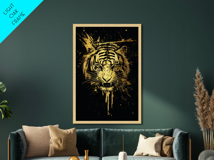 Tiger Head Metallic Gold Metal Print, Fierce Jungle Cat Wall Art, Animal Spirit Artwork, Real Wood Frame, Powerful Wildlife Home Decor