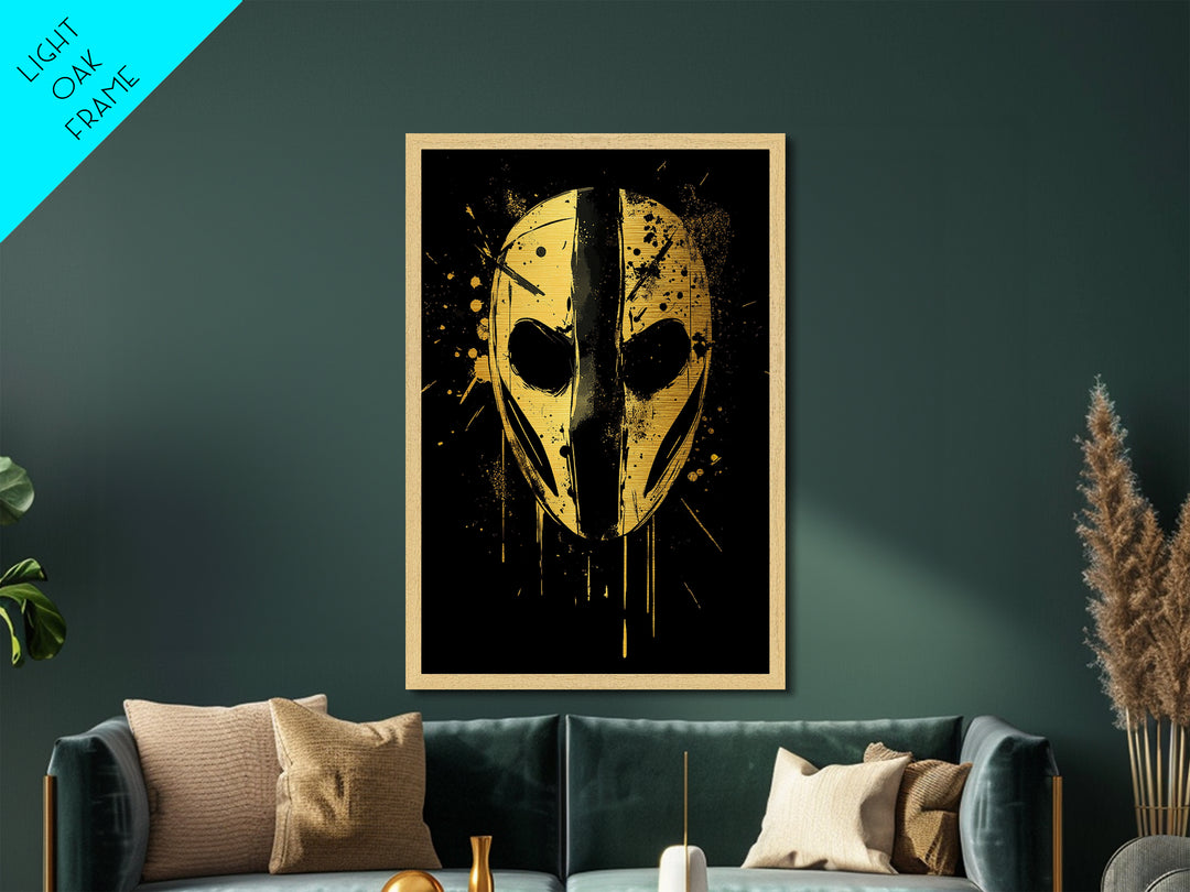 Abstract Mask Metallic Gold Metal Print, Tribal Wall Art, Mysterious Face Artwork, Real Wood Frame, Bold Splatter Paint Effect Decor