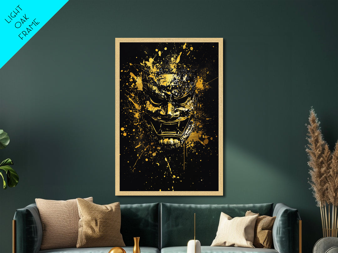 Samurai Mask Metallic Gold Metal Print, Japanese Warrior Art, Splatter Style Wall Decor, Fierce Samurai Artwork, Real Wood Framed