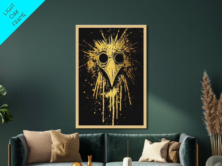 Plague Doctor Mask Metallic Gold Metal Print, Gothic Splatter Art, Dark Fantasy Wall Decor, Unique Gothic Artwork, Real Wood Framed