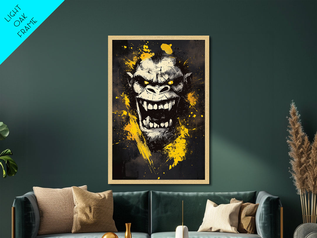 Gorilla Face Metallic Gold Metal Print, Wild Splatter Art, Bold Jungle Wall Decor, Fierce Animal Artwork, Real Wood Framed